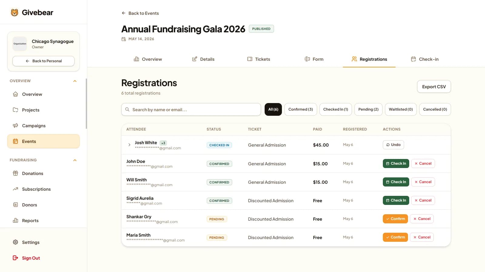 Givebear event management dashboard